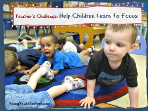 preschool children are relaxing but a few children in yoga are crawling away or making noise.