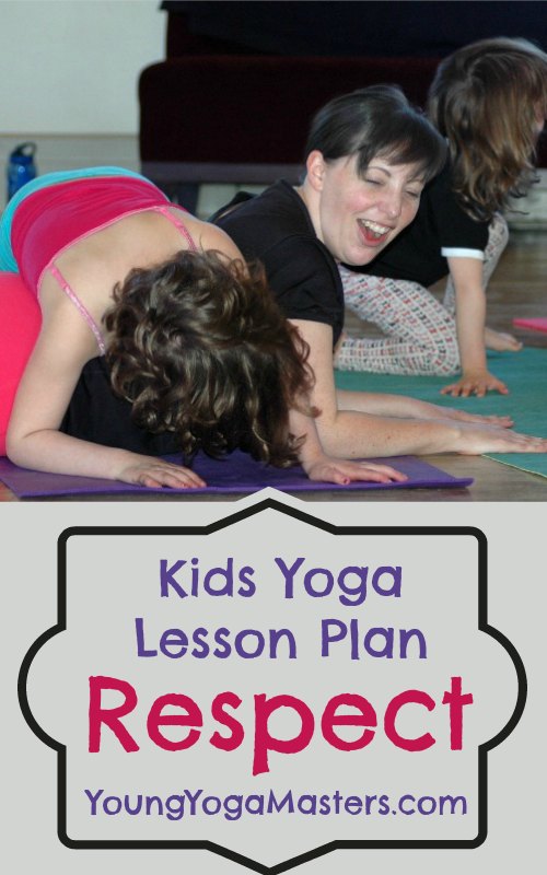 kids yoga teacher training lesson plan on respect using partner yoga A teacher and student play together in a parnter yoga pose doing cobra pose and Cat Cow