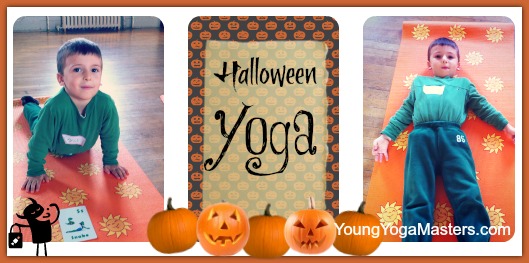 Halloween Yoga for Kids a boy doing yoga on a pumpkin orange yoga mat
