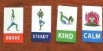 cute yoga stickers with cartoon frogs and the words Brave, Steady, Kind, and Calm