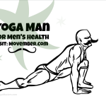 Yoga Man, the yoga superhero cartoon, is doing the yoga lunge and it looks great with his great Movember mustache.