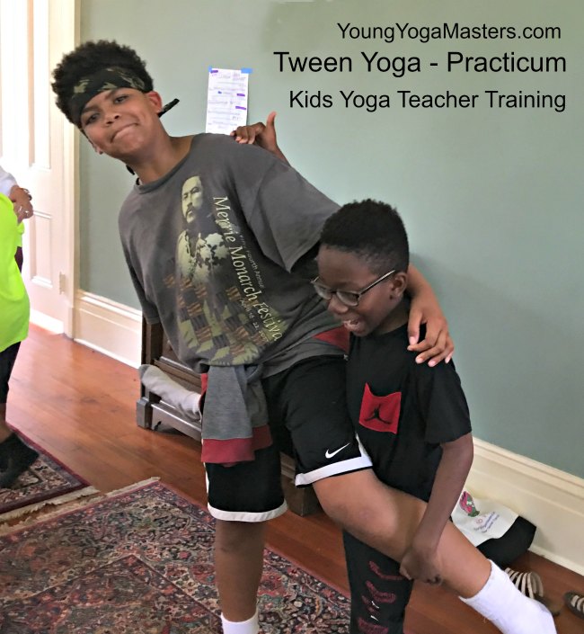 tweens doing tricky tree kids yoga pose NOLA